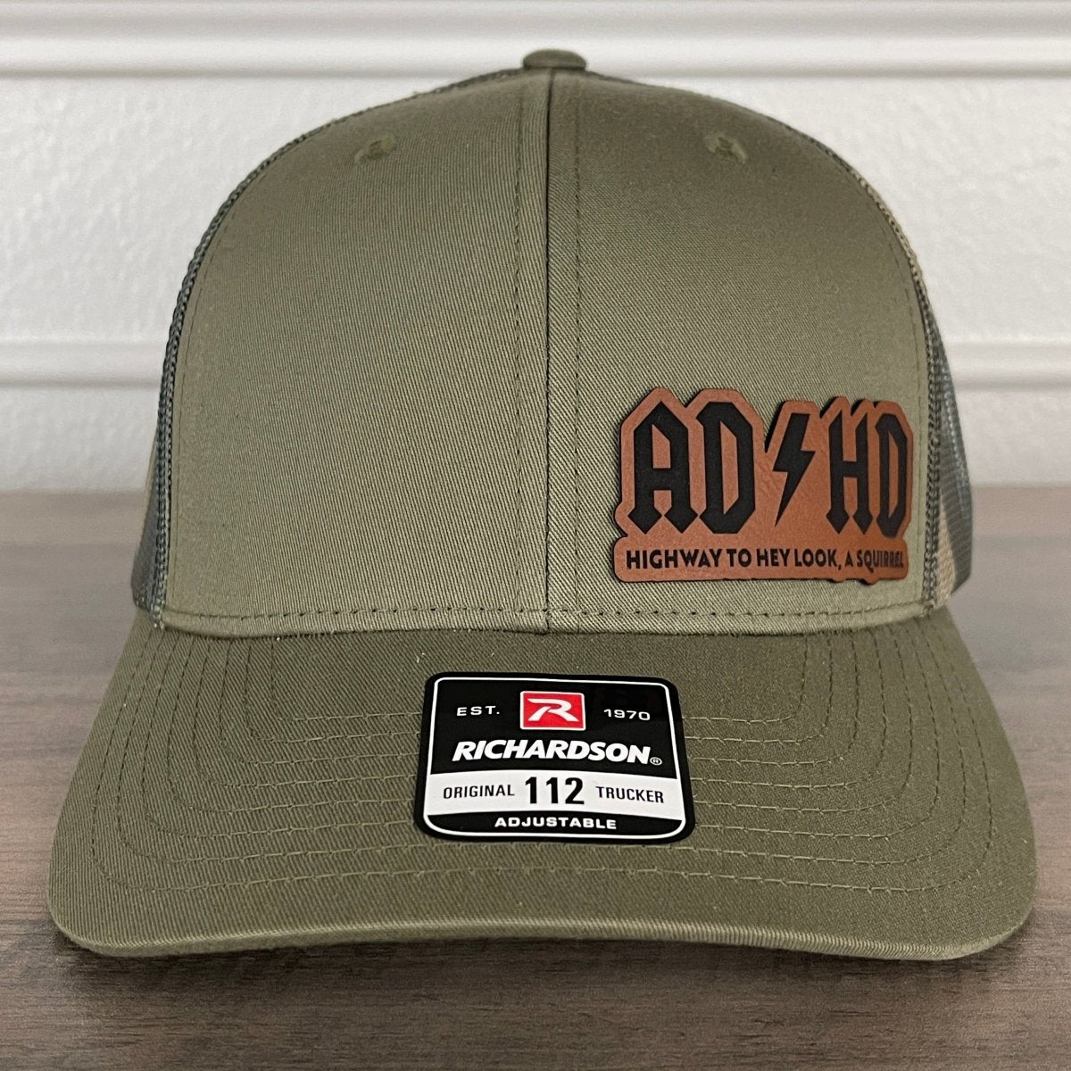 ADHD Highway To Hey Look, A Squirrel Funny Leather Patch Hat Green/Camo Patch Hat - VividEditions