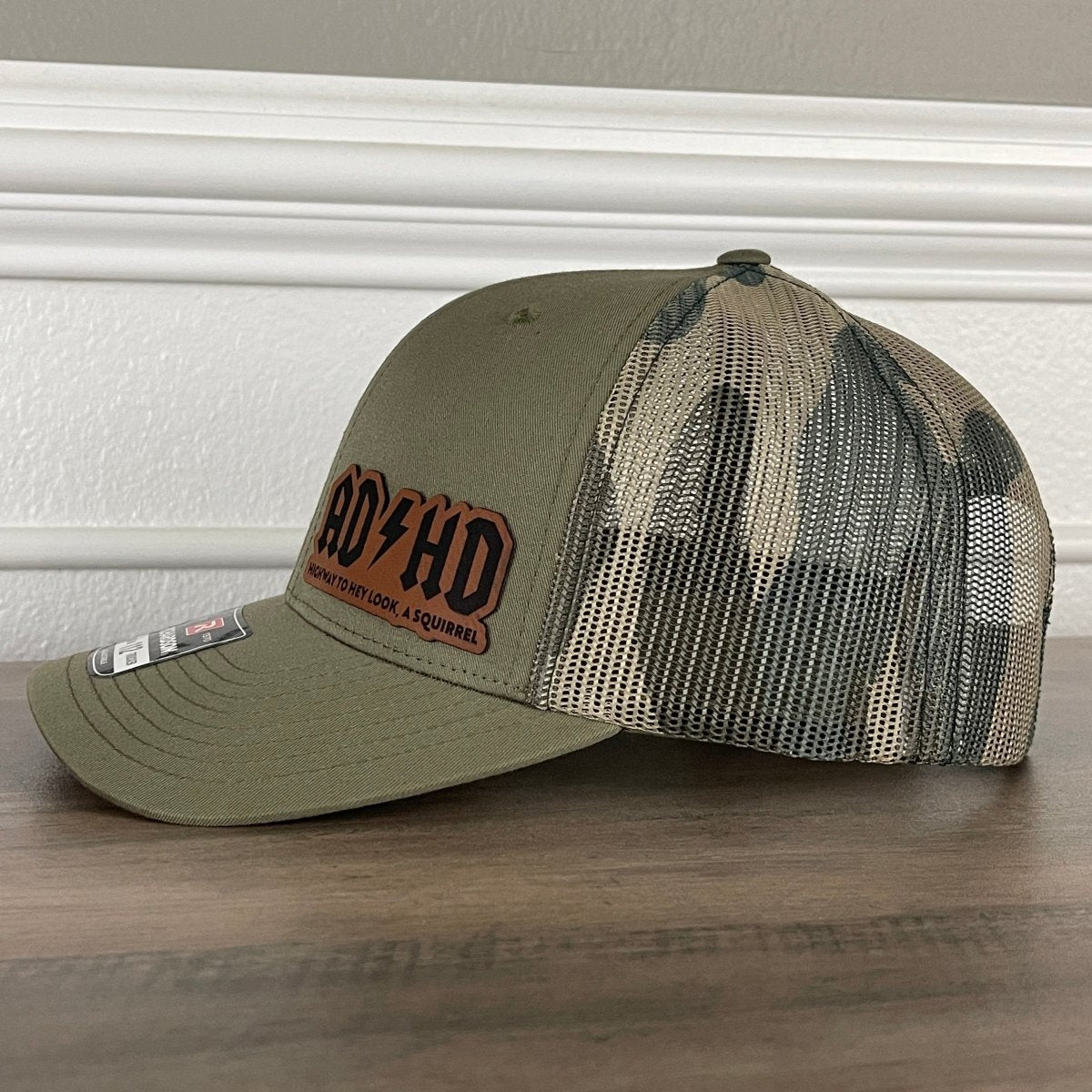 ADHD Highway To Hey Look, A Squirrel Funny Leather Patch Hat Green/Camo Patch Hat - VividEditions