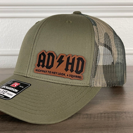 ADHD Highway To Hey Look, A Squirrel Funny Leather Patch Hat Green/Camo Patch Hat - VividEditions