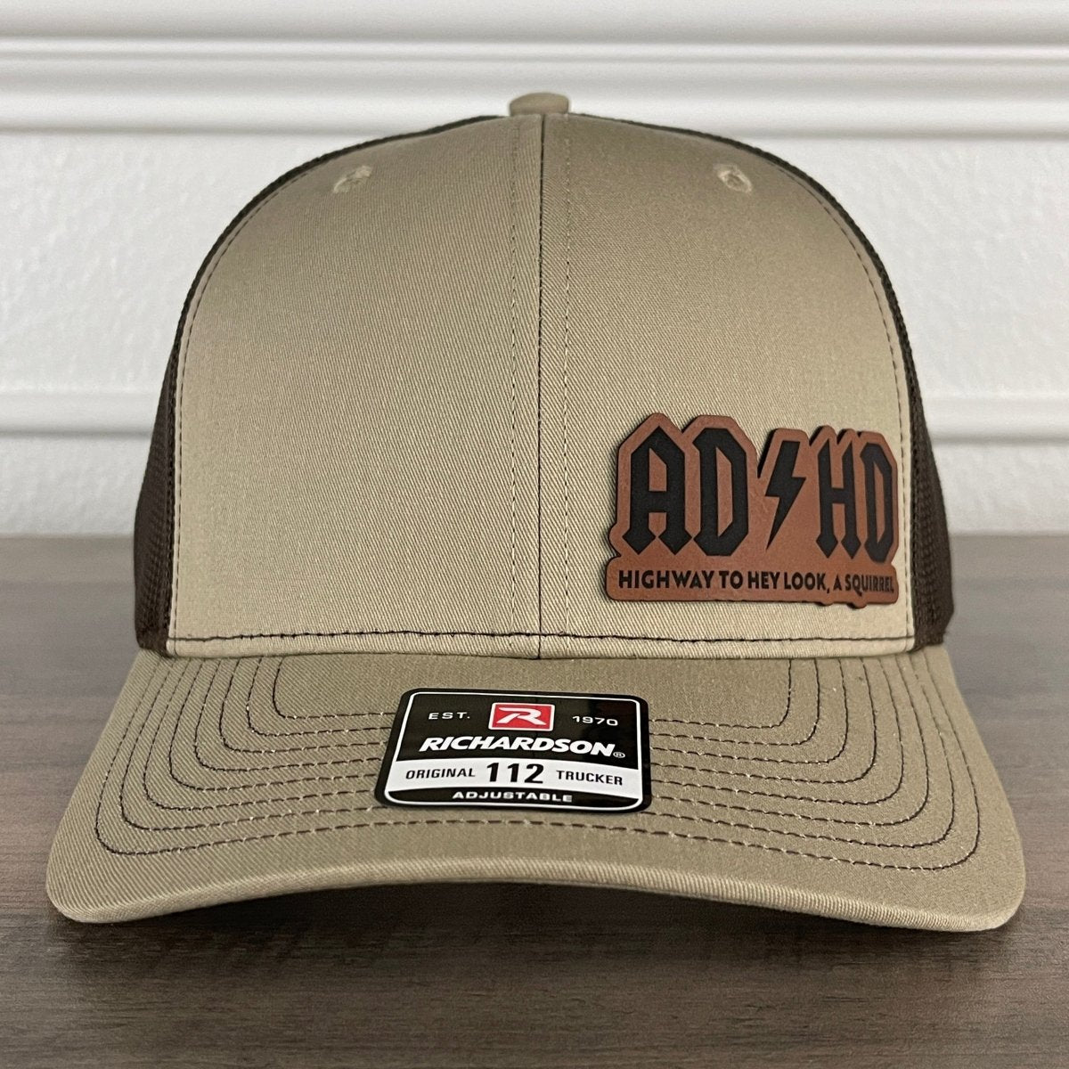 ADHD Highway To Hey Look, A Squirrel Funny Leather Patch Hat Khaki/Brown Patch Hat - VividEditions