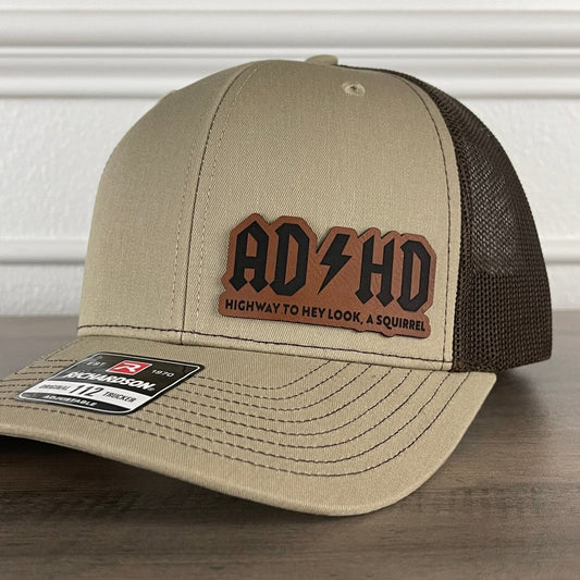 ADHD Highway To Hey Look, A Squirrel Funny Leather Patch Hat Khaki/Brown Patch Hat - VividEditions