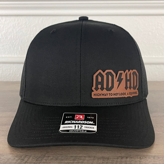 ADHD Highway to Hey Look, A Squirrel Side Leather Patch Hat Black Patch Hat - VividEditions