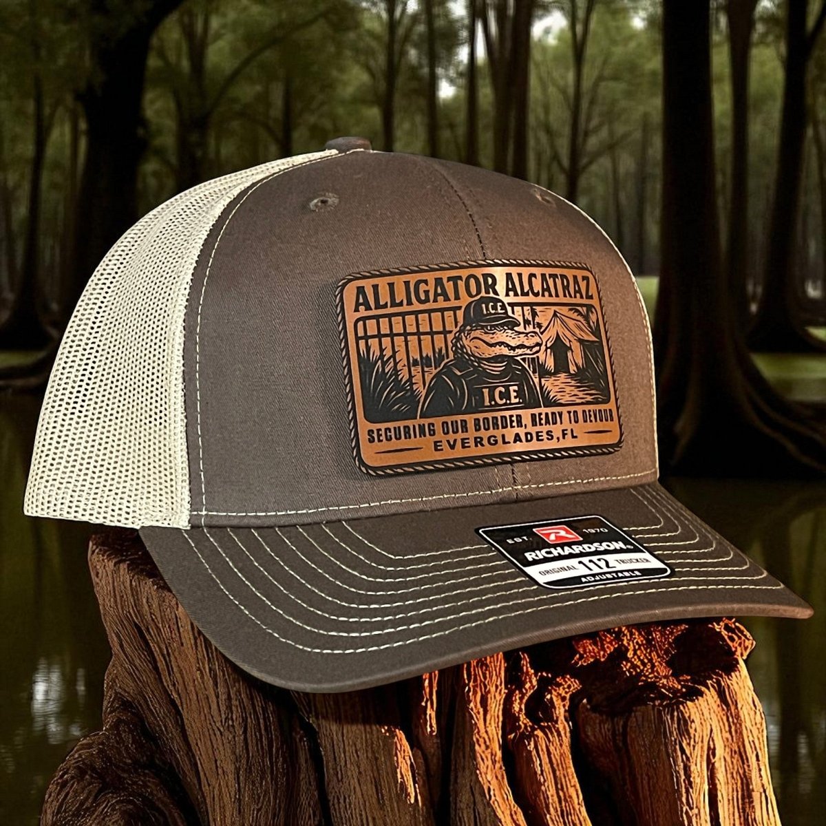 Alligator Alcatraz Swamp ICE Funny Leather Patch SnapBack Trucker Hat Patch Hat