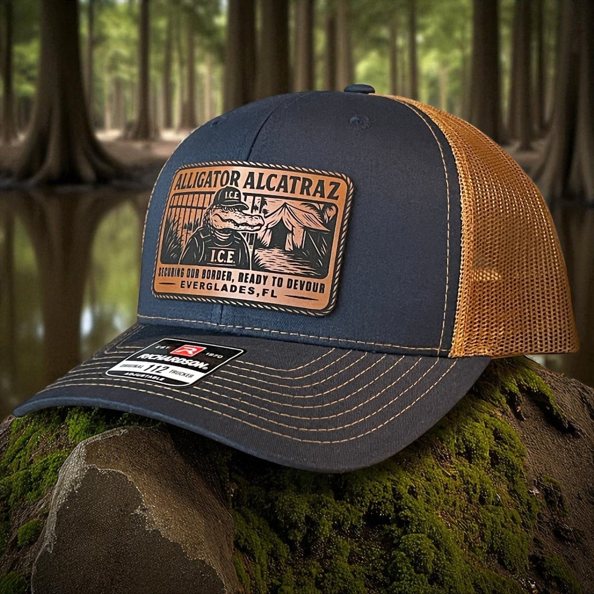 Alligator Alcatraz Swamp ICE Funny Leather Patch SnapBack Trucker Hat Patch Hat