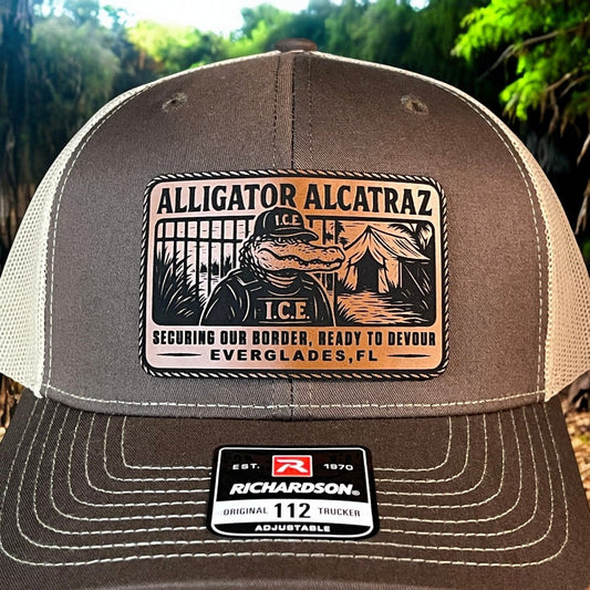 Alligator Alcatraz Swamp ICE Funny Leather Patch SnapBack Trucker Hat Patch Hat