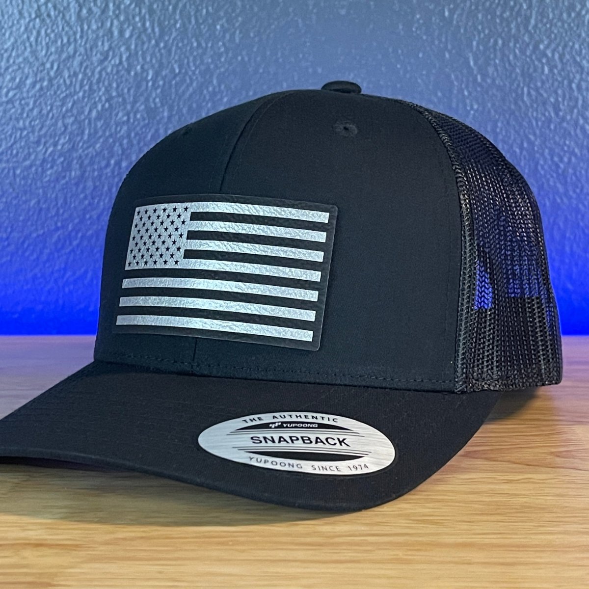 American Flag Patriotic SnapBack Trucker Hat Blk/Silv Leather Patch Black Patch Hat - VividEditions