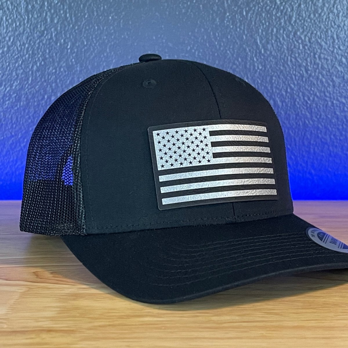 American Flag Patriotic SnapBack Trucker Hat Blk/Silv Leather Patch Black Patch Hat - VividEditions