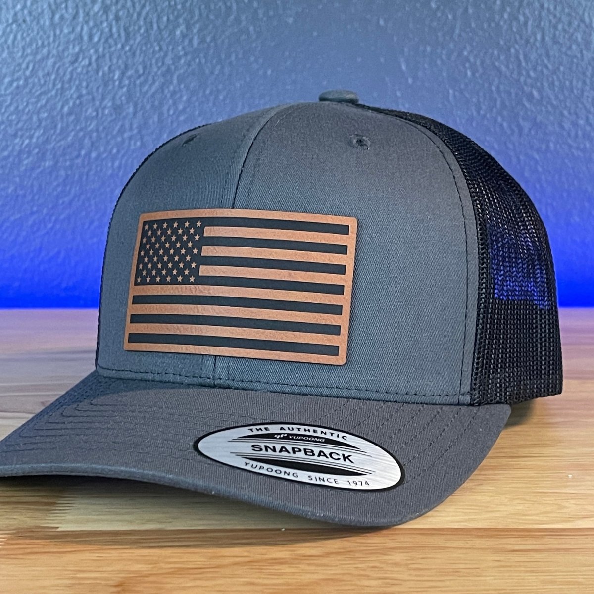 American Flag Patriotic SnapBack Trucker Rawhide Leather Patch Hat Charcoal Patch Hat - VividEditions