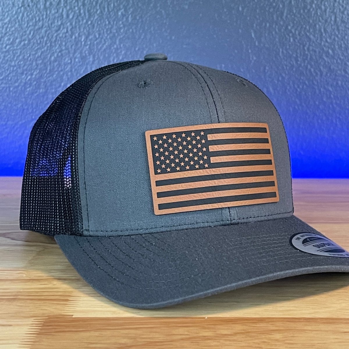 American Flag Patriotic SnapBack Trucker Rawhide Leather Patch Hat Charcoal Patch Hat - VividEditions