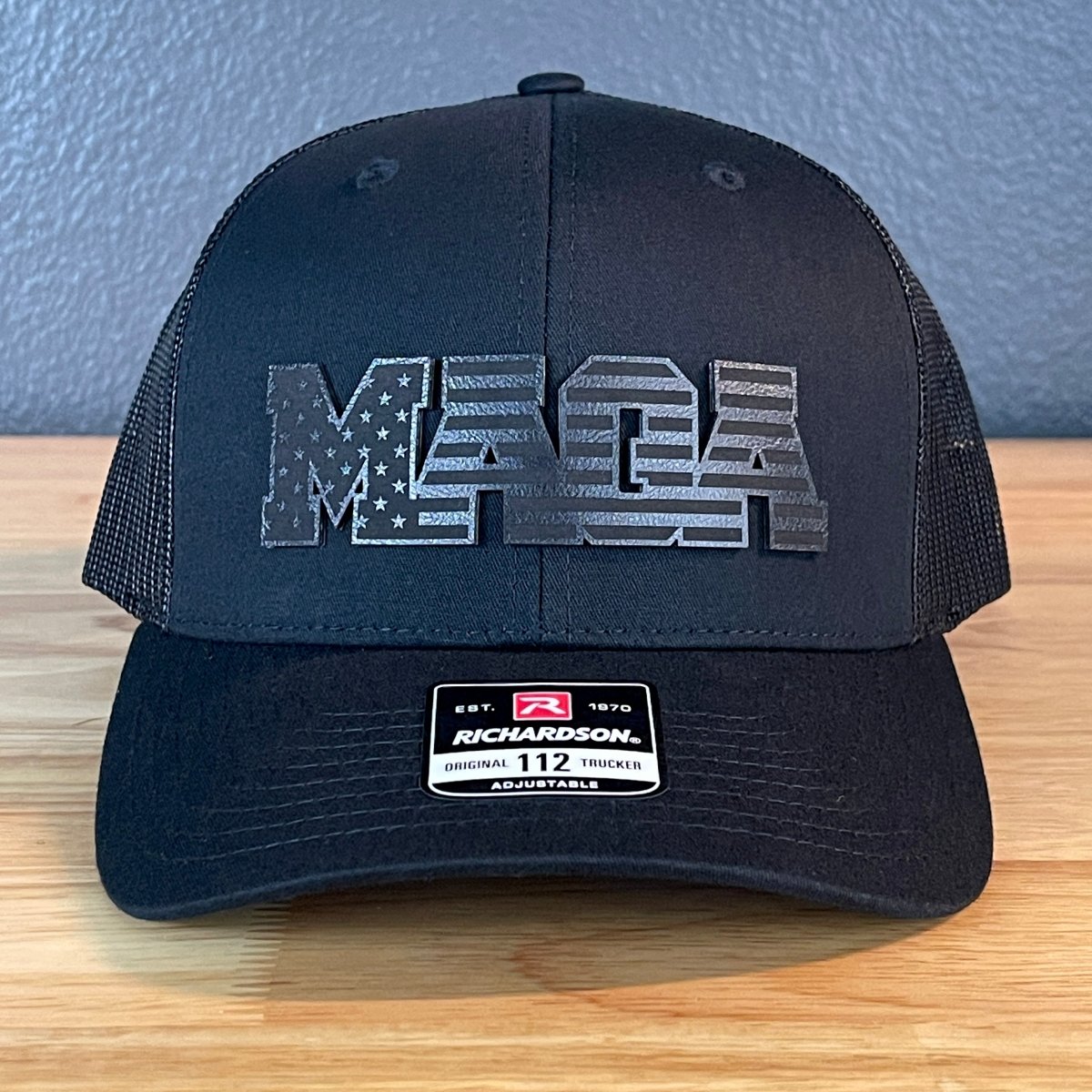 Black MAGA American Flag Patriotic Leather Patch SnapBack Trucker Hat Patch Hat