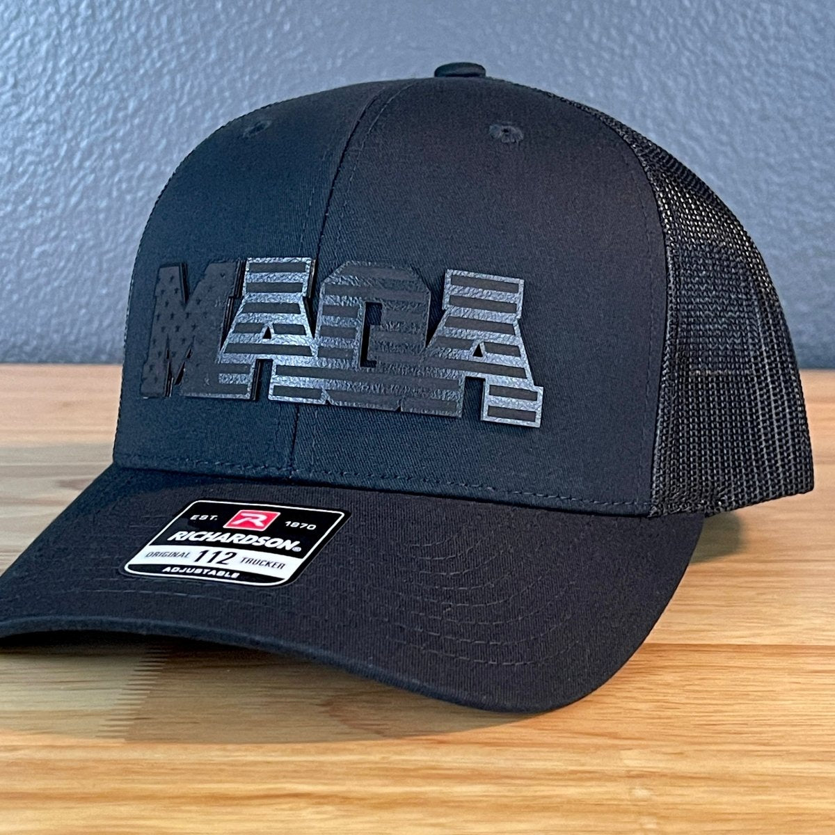 Black MAGA American Flag Patriotic Leather Patch SnapBack Trucker Hat Patch Hat