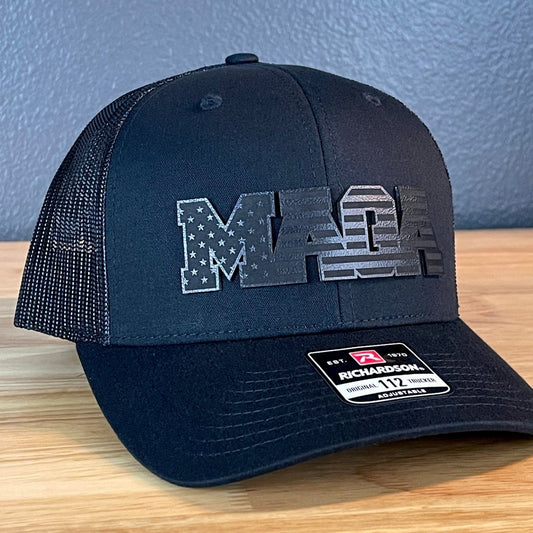 Black MAGA American Flag Patriotic Leather Patch SnapBack Trucker Hat Patch Hat