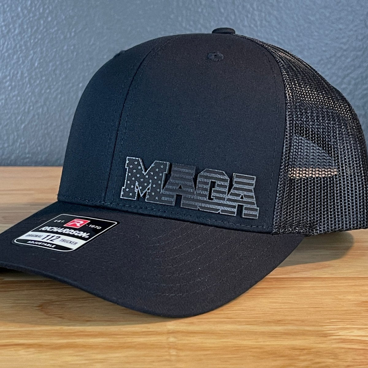 Black MAGA American Flag Patriotic Side Leather Patch SnapBack Trucker Hat Patch Hat