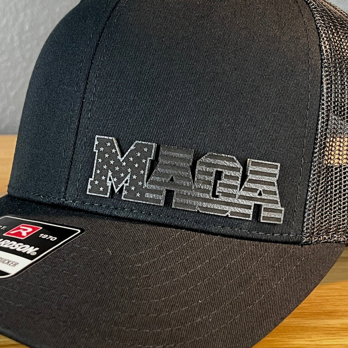 Black MAGA American Flag Patriotic Side Leather Patch SnapBack Trucker Hat Patch Hat