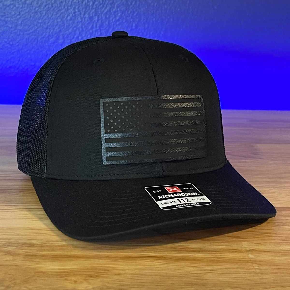 BLACK ON BLACK AMERICAN FLAG Patriotic Leather Patch Hat Black Patch Hat - VividEditions