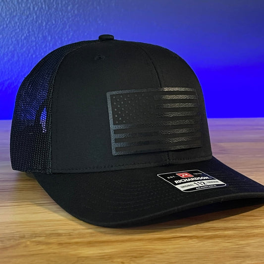 BLACK ON BLACK AMERICAN FLAG Patriotic Leather Patch Hat Black Patch Hat - VividEditions