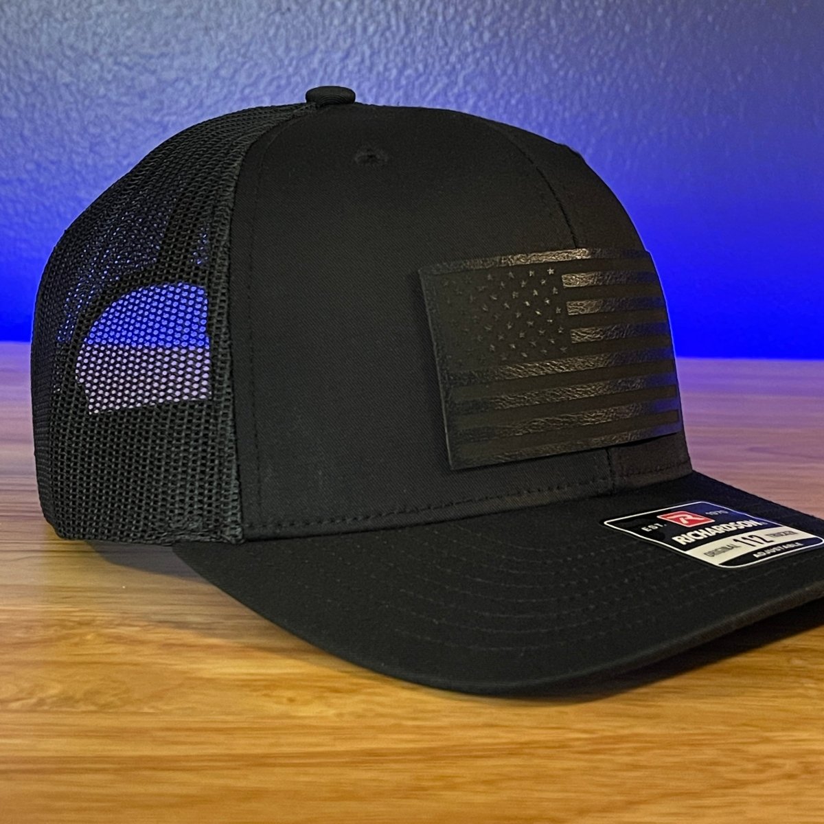 BLACK ON BLACK AMERICAN FLAG Patriotic Leather Patch Hat Black Patch Hat - VividEditions