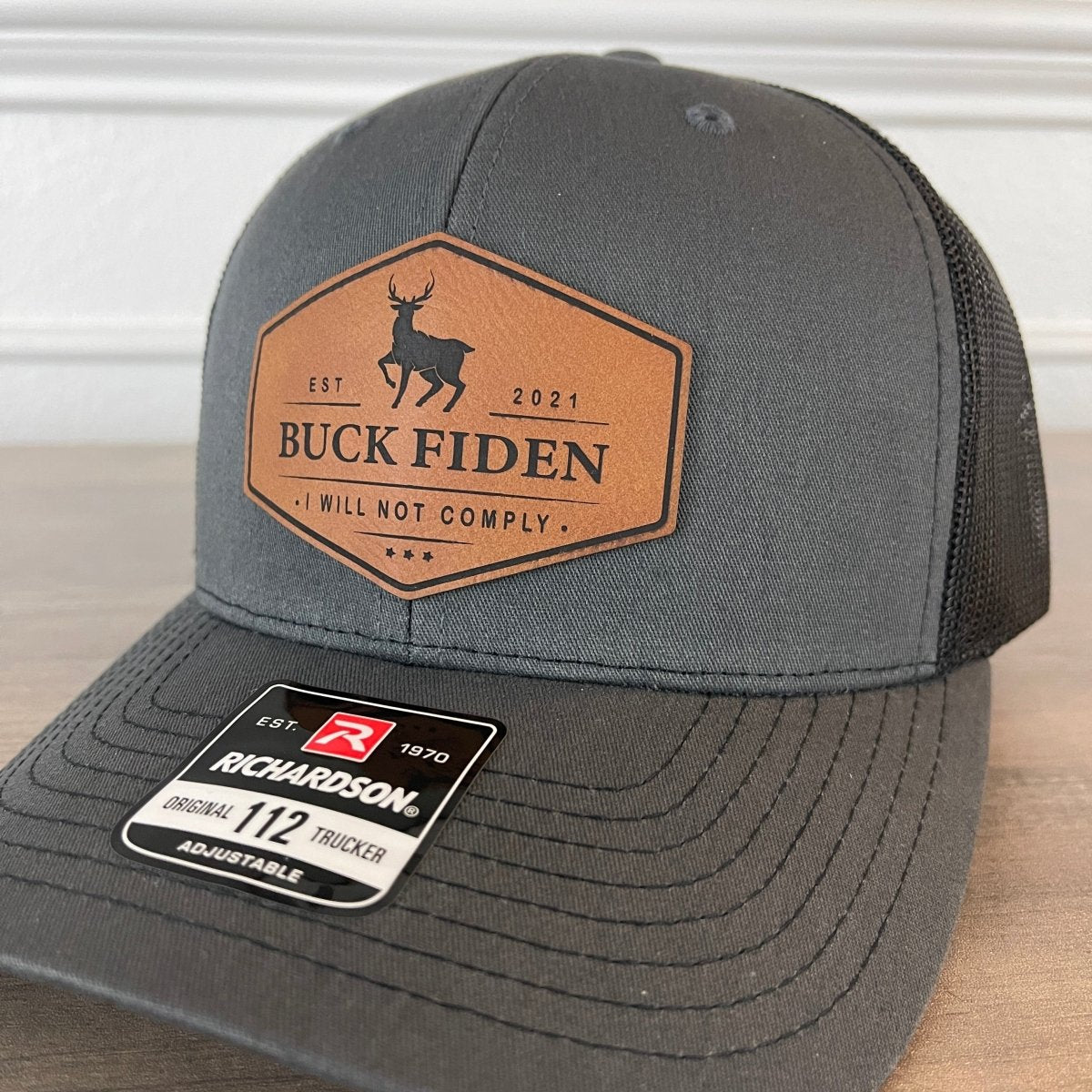 Buck Fiden Hunting Funny Leather Patch Hat Charcoal Patch Hat - VividEditions