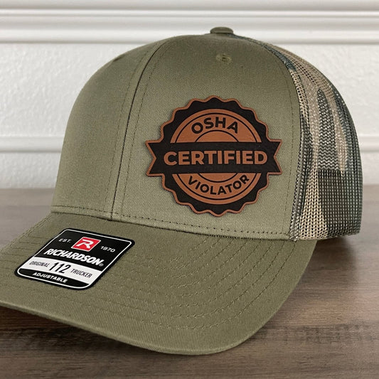 Certified OSHA Violator Funny Blue Collar Leather Patch Hat Green/Camo Patch Hat - VividEditions
