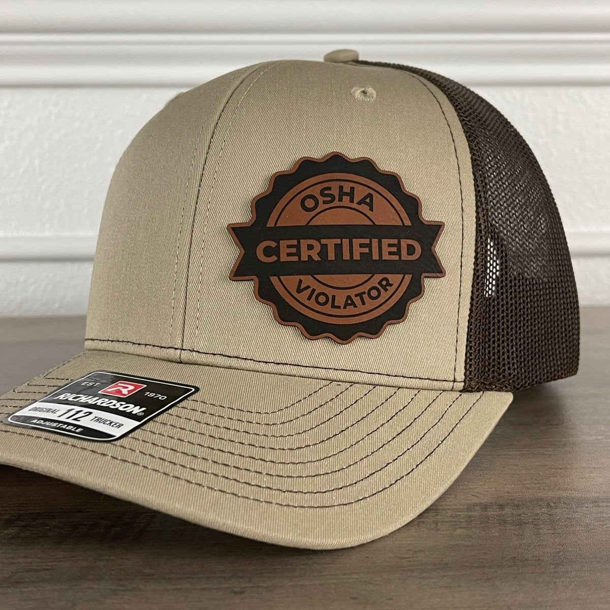 Certified OSHA Violator Side Leather Patch Hat Khaki/Brown - VividEditions