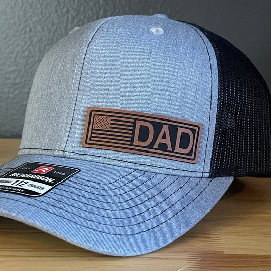 DAD American Flag Patriotic Side Leather Patch Hat Heather Grey/Black Patch Hat