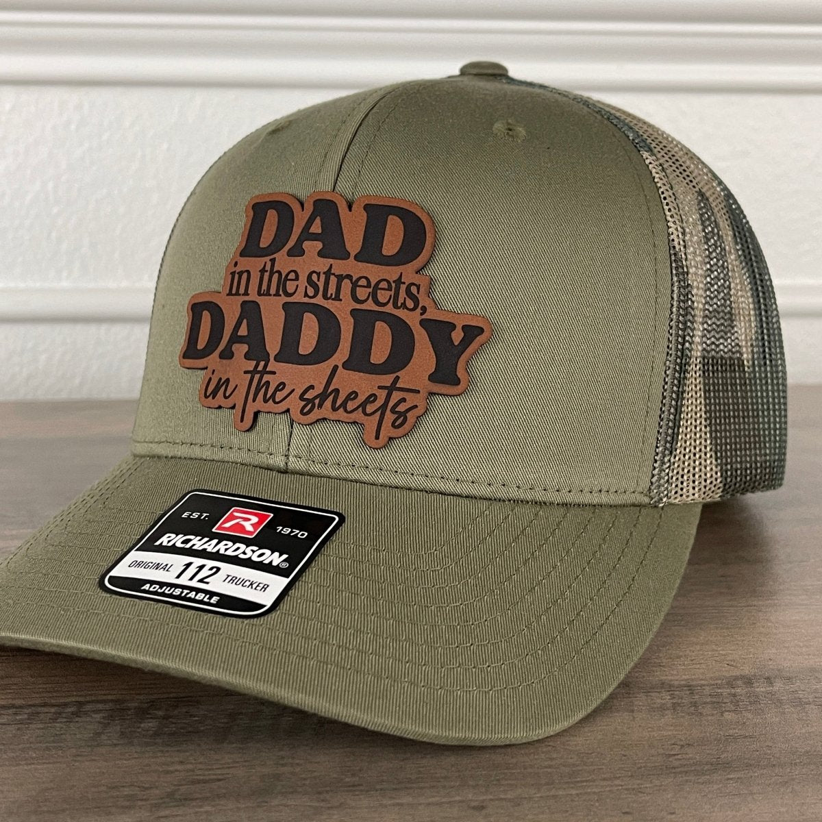 Dad In The Streets Daddy In The Sheets Camo Funny Front Leather Patch Hat Green/Camo Patch Hat - VividEditions