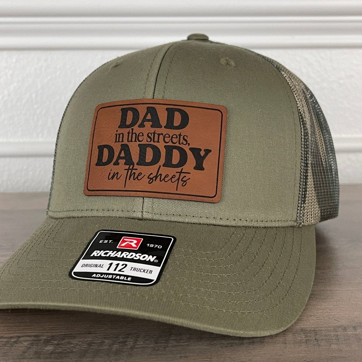 Dad In The Streets Daddy In The Sheets Camo Funny Rectangular Leather Patch Hat Green/Camo Patch Hat - VividEditions