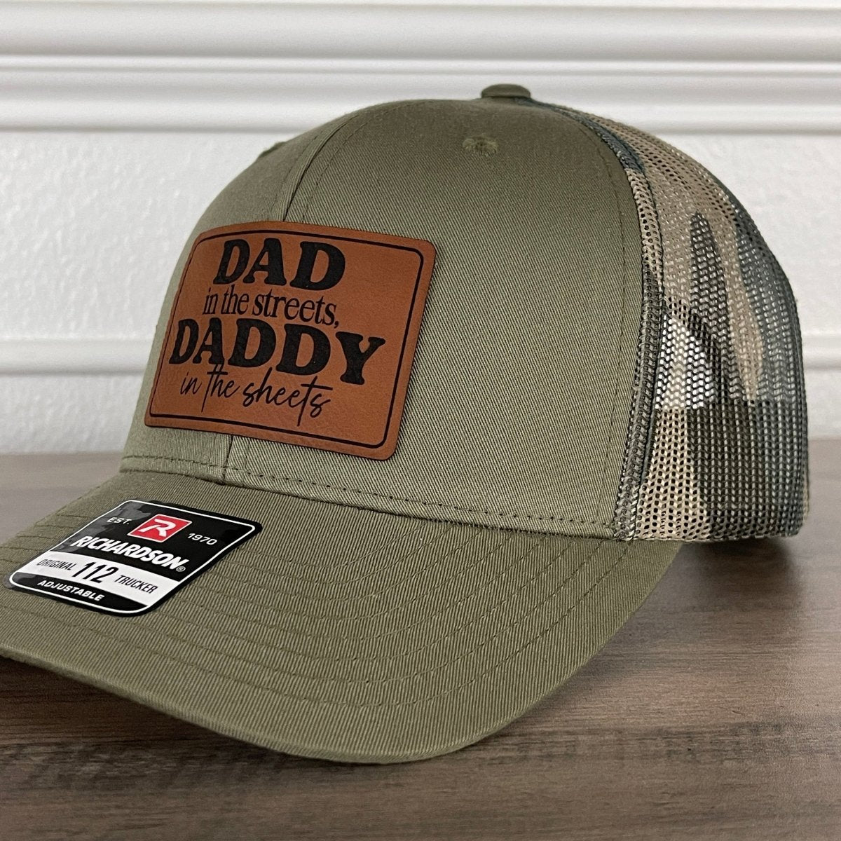 Dad In The Streets Daddy In The Sheets Camo Funny Rectangular Leather Patch Hat Green/Camo Patch Hat - VividEditions