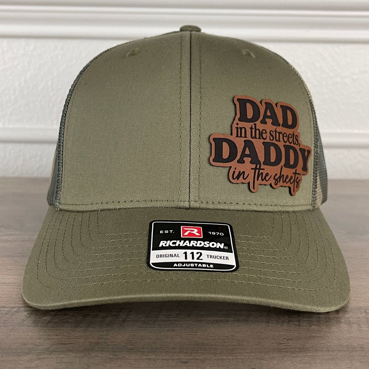 Dad In The Streets Daddy In The Sheets Camo Funny Side Leather Patch Hat Green/Camo Patch Hat - VividEditions