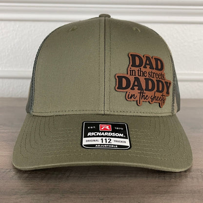 Dad In The Streets Daddy In The Sheets Camo Funny Side Leather Patch Hat Green/Camo Patch Hat - VividEditions