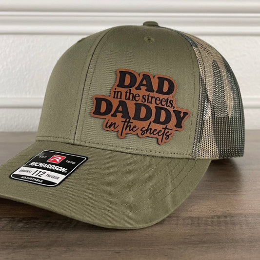 Dad In The Streets Daddy In The Sheets Camo Funny Side Leather Patch Hat Green/Camo Patch Hat - VividEditions