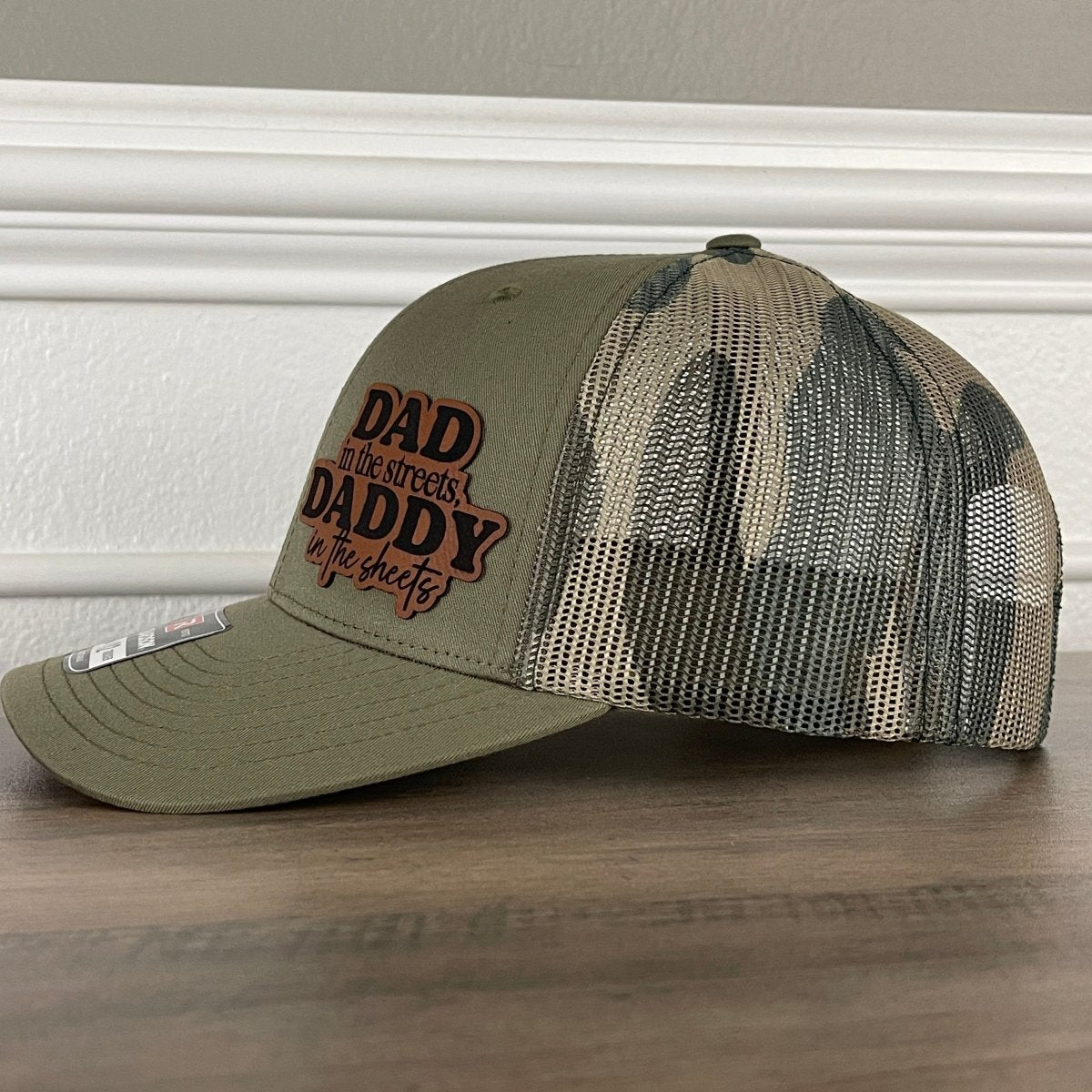 Dad In The Streets Daddy In The Sheets Camo Funny Side Leather Patch Hat Green/Camo Patch Hat - VividEditions