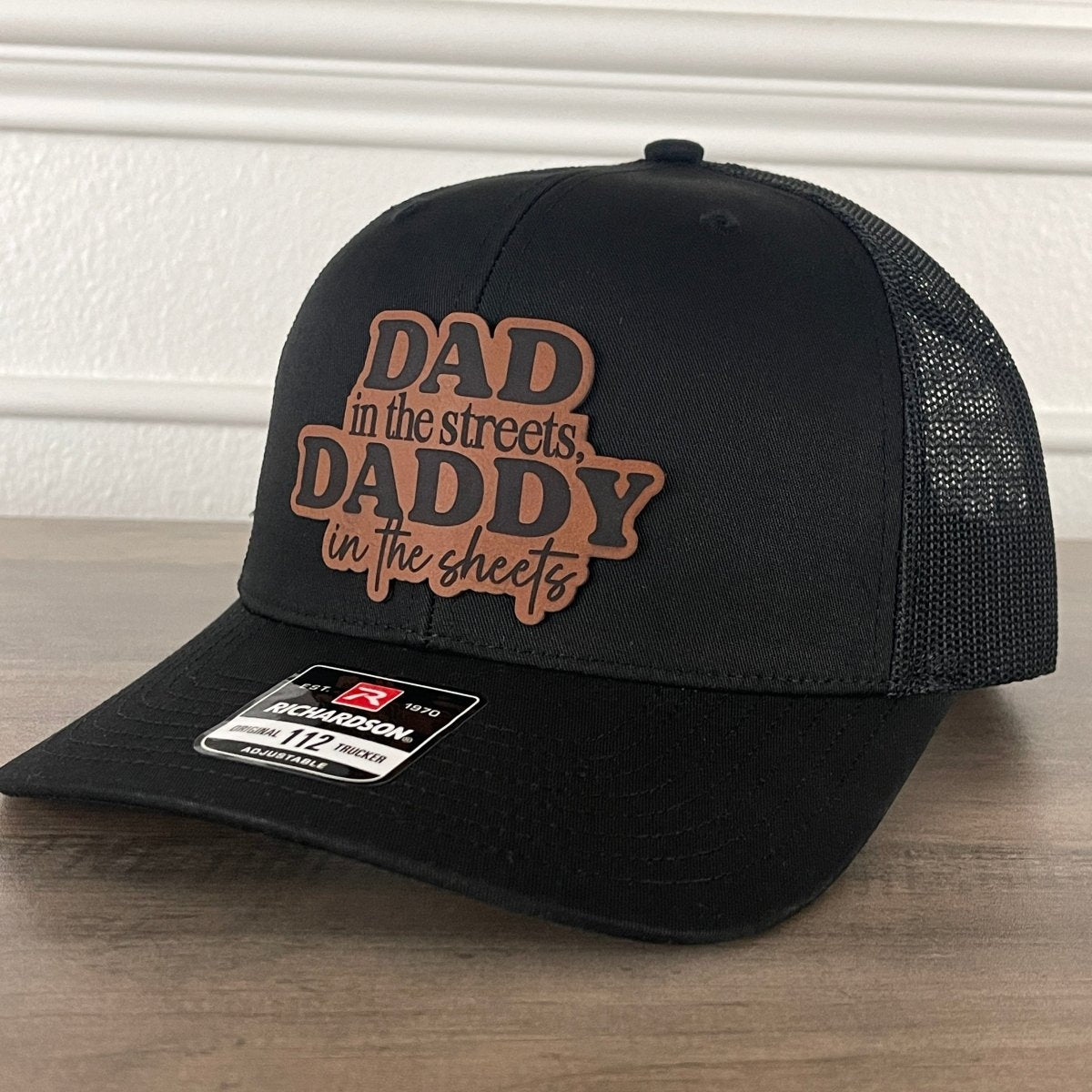 Dad In The Streets Daddy In The Sheets Front Leather Patch Hat Black Patch Hat - VividEditions