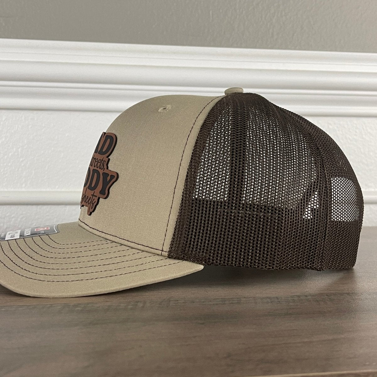 Dad In The Streets Daddy In The Sheets Funny Front Leather Patch Hat Khaki/Brown Patch Hat - VividEditions