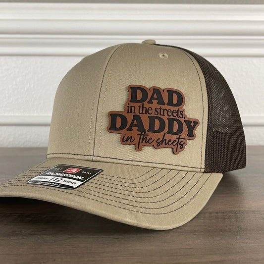 Dad In The Streets Daddy In The Sheets Funny Side Leather Patch Hat Khaki/Brown Patch Hat - VividEditions