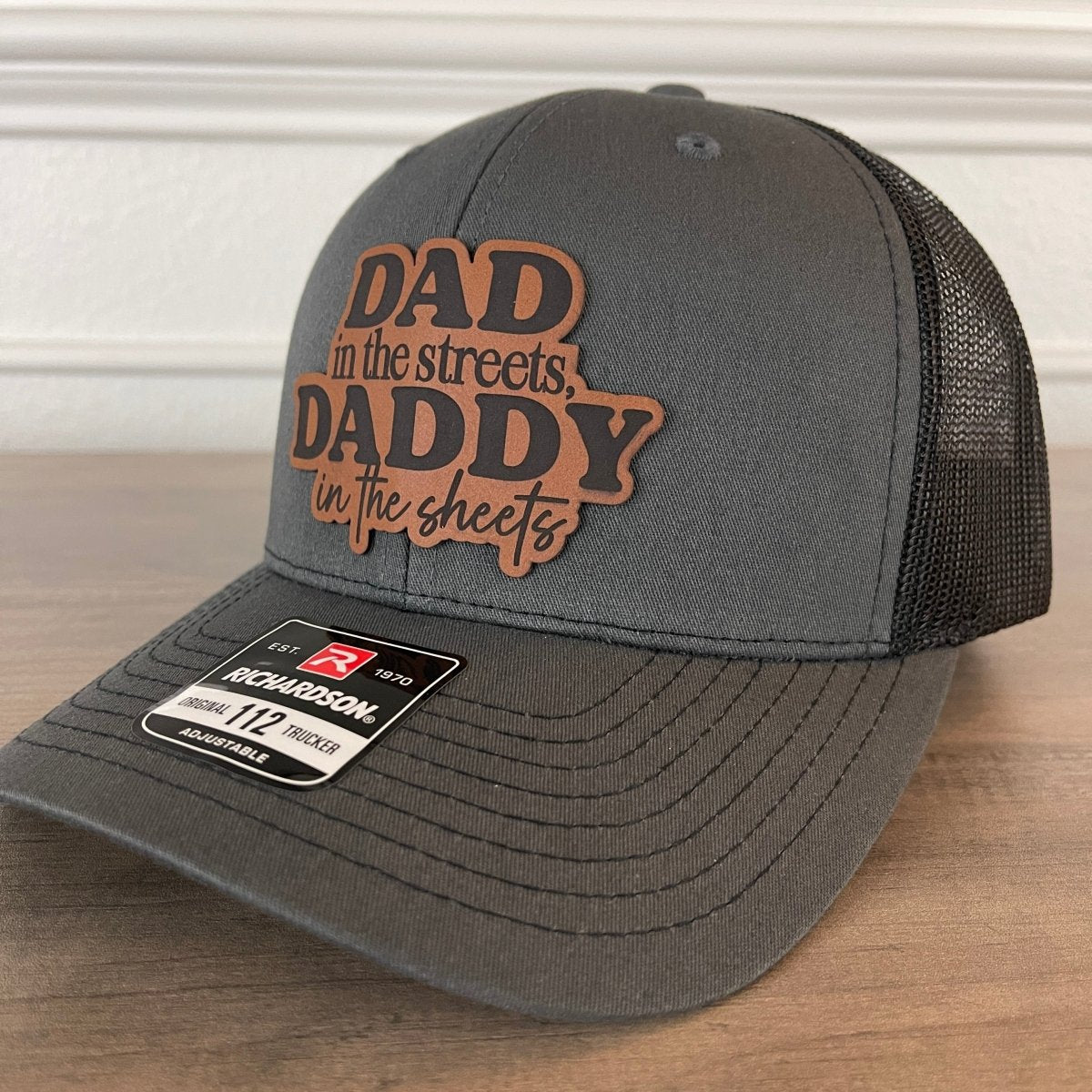 Dad in the Streets, Daddy in the Sheets Leather Patch Hat Charcoal/Black Patch Hat - VividEditions