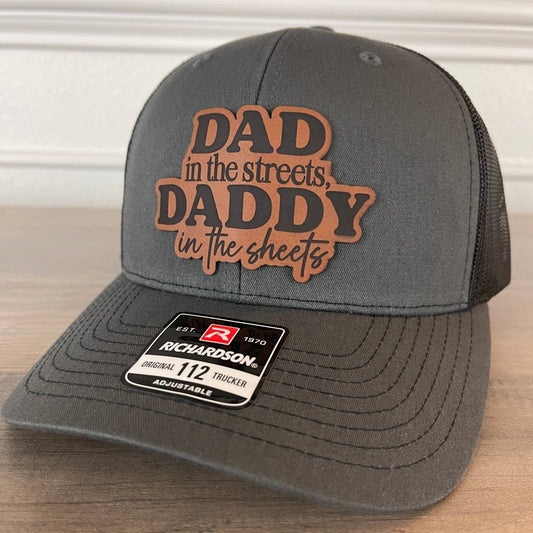 Dad in the Streets, Daddy in the Sheets Leather Patch Hat Charcoal/Black Patch Hat - VividEditions