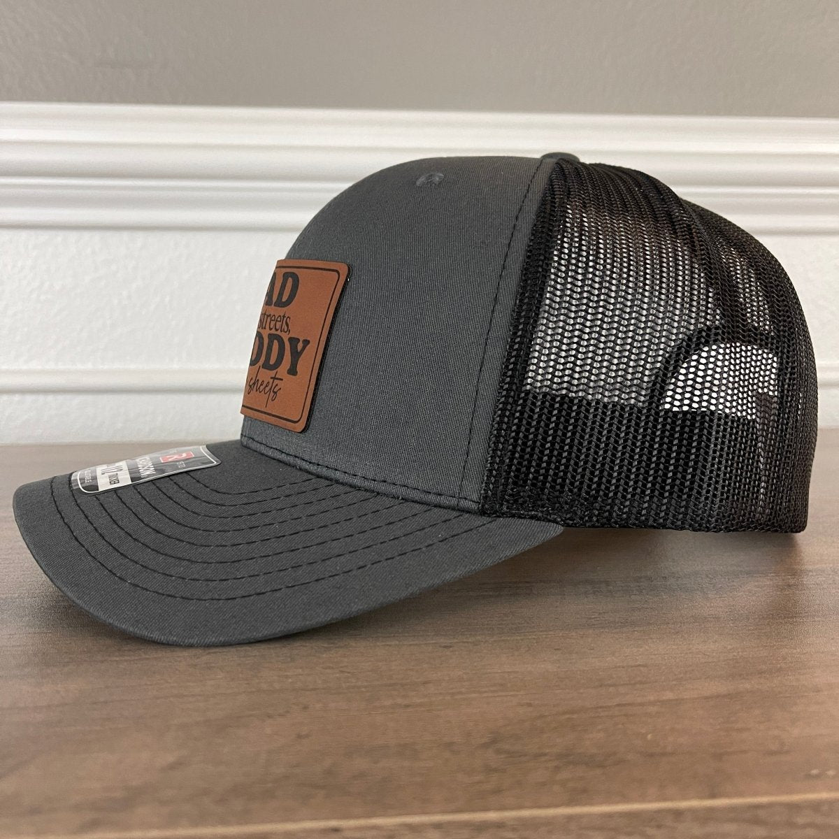 Dad in the Streets, Daddy in the Sheets Rectangular Leather Patch Hat Charcoal/Black Patch Hat - VividEditions