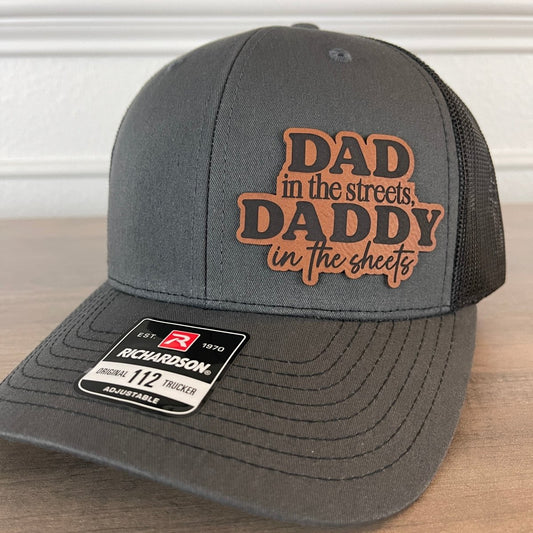 Dad in the Streets, Daddy in the Sheets Side Leather Patch Hat Charcoal/Black - VividEditions