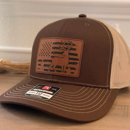Deer Hunting American Flag Leather Patch Hat Brown Patch Hat - VividEditions