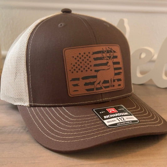 Deer Hunting American Flag Leather Patch Hat Brown Patch Hat - VividEditions