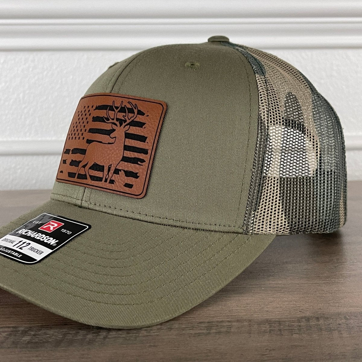 Deer Hunting American Flag Patriotic Leather Patch Hat Green/Camo Patch Hat - VividEditions