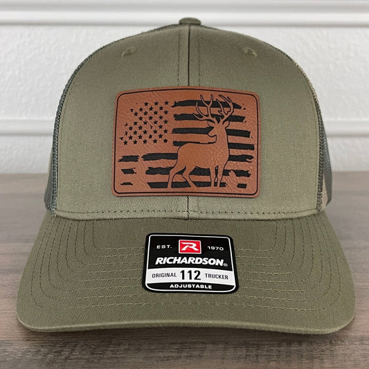Deer Hunting American Flag Patriotic Leather Patch Hat Green/Camo Patch Hat - VividEditions