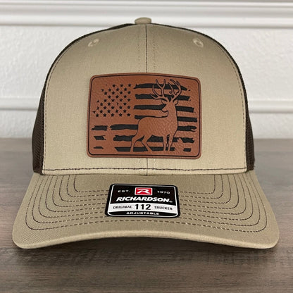 Deer Hunting American Flag Patriotic Leather Patch Hat Khaki/Brown Patch Hat - VividEditions