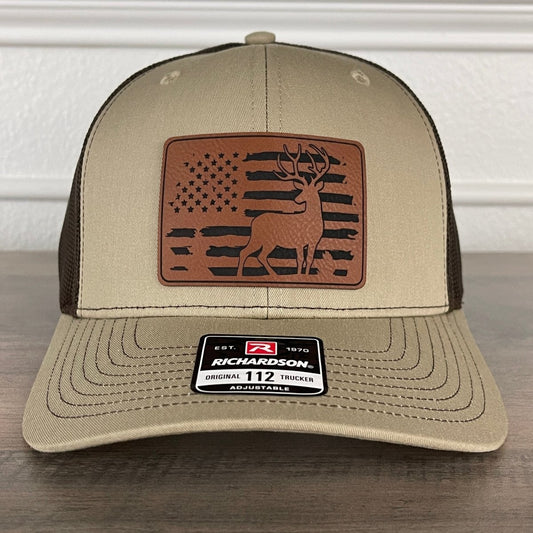 Deer Hunting American Flag Patriotic Leather Patch Hat Khaki/Brown Patch Hat - VividEditions