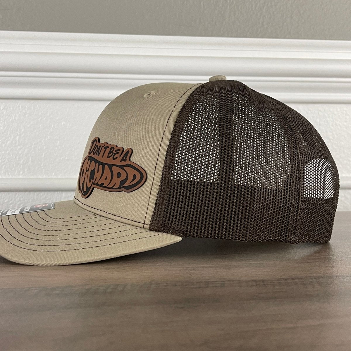 Don't Be A Richard Funny Side Leather Patch Hat Khaki/Brown Patch Hat - VividEditions