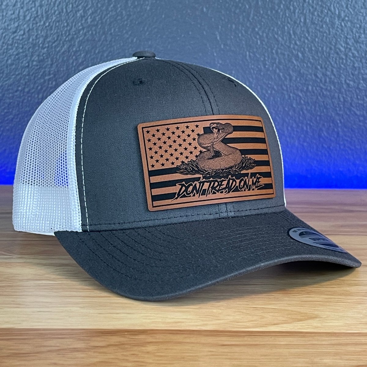 Don't Tread On Me Gadsden American Flag Patriotic SnapBack Trucker Rawhide Leather Patch Hat Charcoal/White Patch Hat