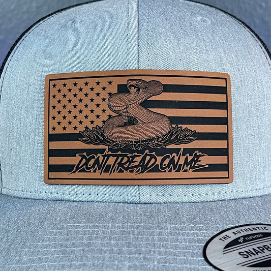 Don't Tread On Me Gadsden American Flag SnapBack Trucker Rawhide Leather Patch Hat Heather Grey/Black Patch Hat