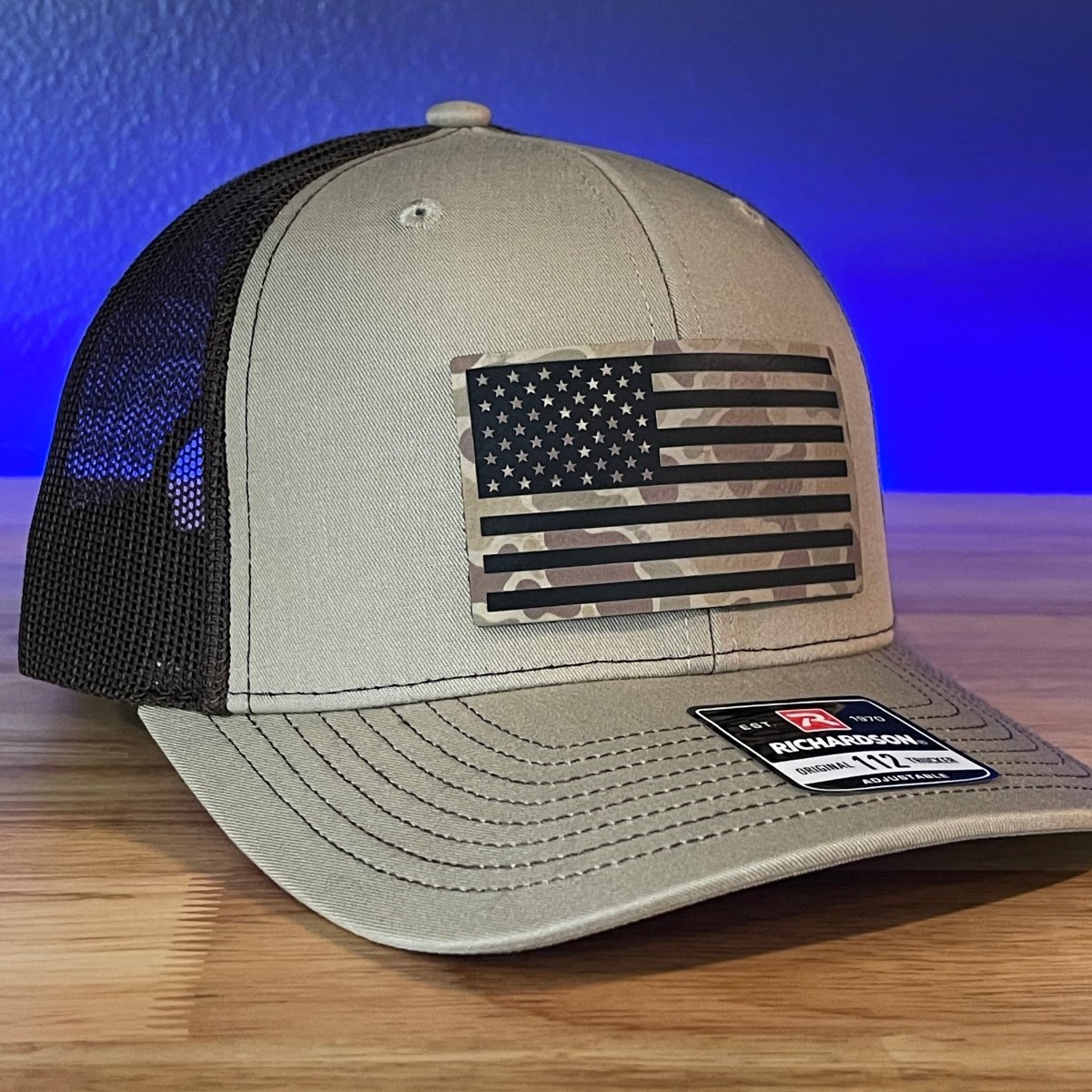 Duck Camo American Flag Patriotic Hunting Leather Patch Hat Khaki/Brown Patch Hat - VividEditions