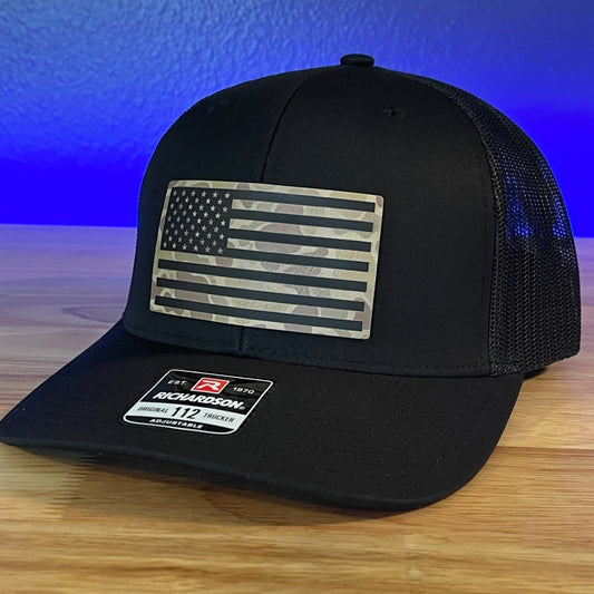 DUCK CAMO AMERICAN FLAG Patriotic Leather Patch Hat Black Patch Hat - VividEditions